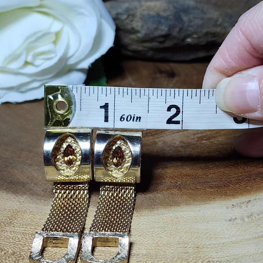 Vintage RARE Gold Tone Mesh Wrap Cufflinks Faux Topaz Citrine Colored Gemstones